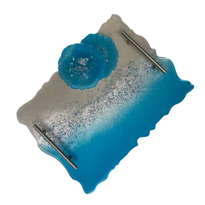 By Shax Blue / Silver Large Festive Glitter Tray With Matching Coasters