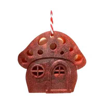 By Shax Red Chunky Mushroom House Reindeer Ornament - Maroon