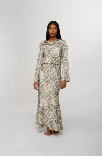 By Tess Collection Emily Draped Cowl Neck Long Sleeve Maxi Dress In Beige Multi