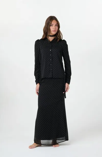 By Tess Collection Madeline Ruched Sleeve Removable Tie Button Up Blouse In Black