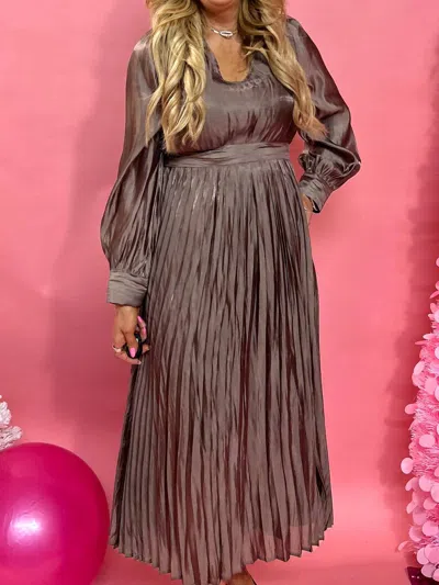 By The River Satin Pleated Shirred Midi Dress In Mocha