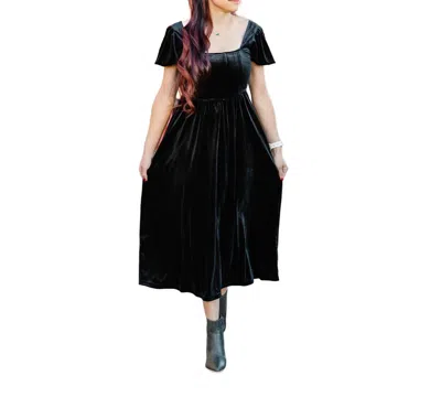 By The River Velvet Corset Puff Sleeve Midi Dress In Black