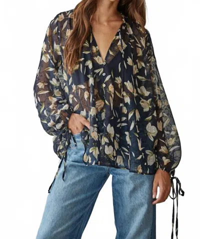 By Together Aether Bloom Ruffle Flow Long Sleeve Top In Navy Multi In Green