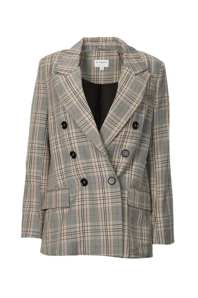 By Together Checked Double-breasted Blazer In Brown Plaid In Gray