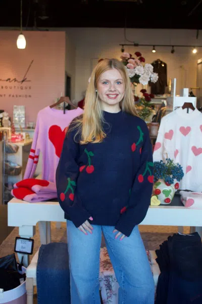 By Together Cherry Crewneck Sweater In Navy In Multi