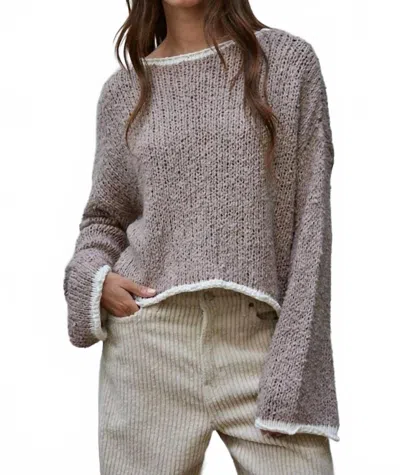 By Together Contrast Hems Knit Pullover Sweater Top In Mocha Ivory In Gray