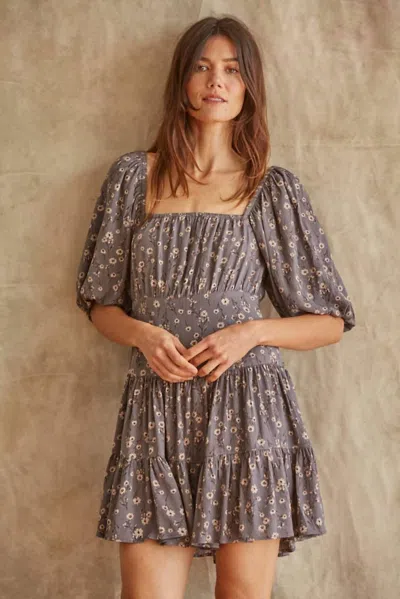 By Together Crinkle Floral Print Ruffle Mini Dress In Dark Grey In Gray