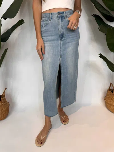 By Together Denim Cut Off Midi Skirt In Light Wash In Blue