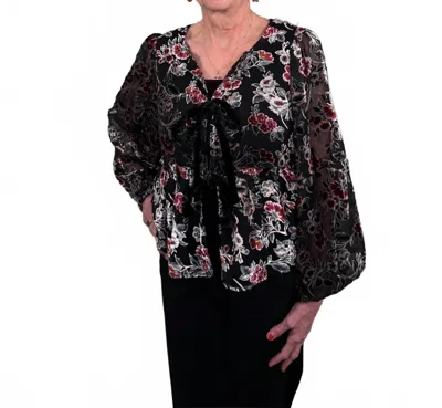 By Together Elegant Floral Tie-neck Velvet Burnout Blouse In Black Multi