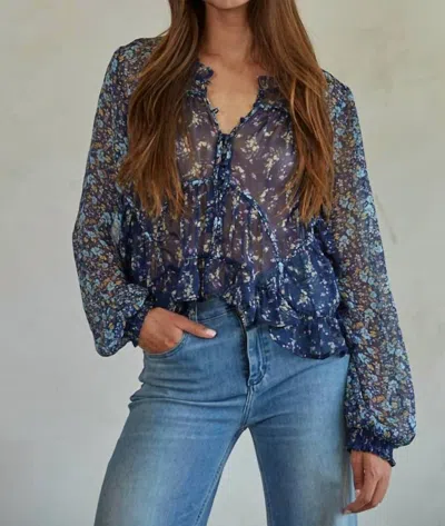 By Together Floral Print Long Sleeve Ruffle Button Down Top In Navy
