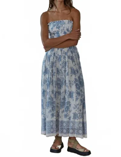 By Together Floral Smocked Strapless Dress In Ivory/blue