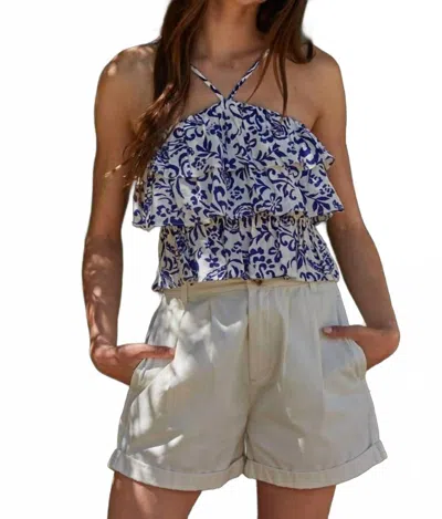 By Together Flower Print Layered Halter Neck Top In Ivory Blue