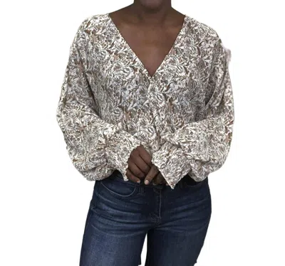 By Together Go Crazy Women's Smocked Woven Long Sleeve Top In Ivory/brown Multi