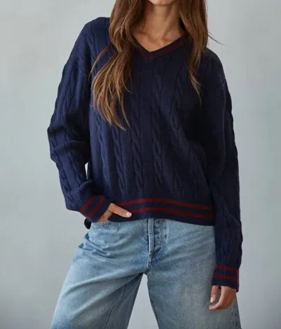 By Together Knit Cable Sweater V-neck Long Sleeve Pullover Top In Navy In Blue