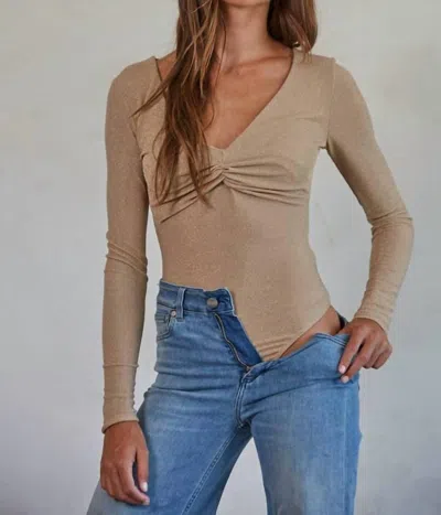 By Together Knit Lurex Front Twist Bodysuit In Camel Gold In Multi