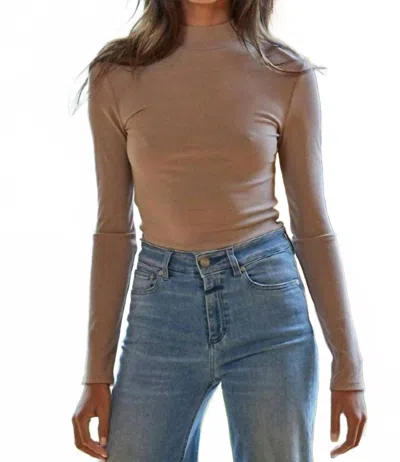 By Together Knit Ribbed Long Sleeve Mock Neck Top In Light Mocha In Brown