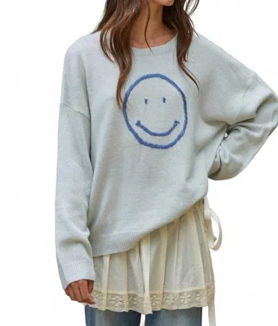 By Together Knit Smiley Face Crew Sweater In Light Blue