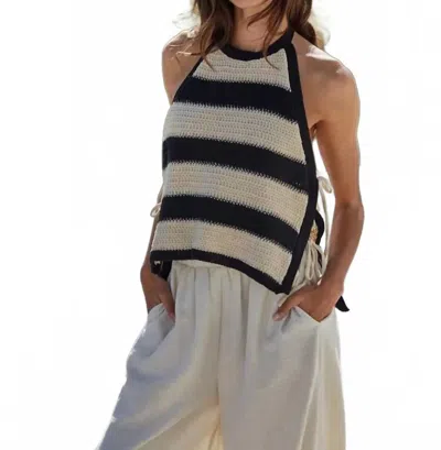 By Together Knit Sweater Cotton Crochet Striped Halter Top In Beige