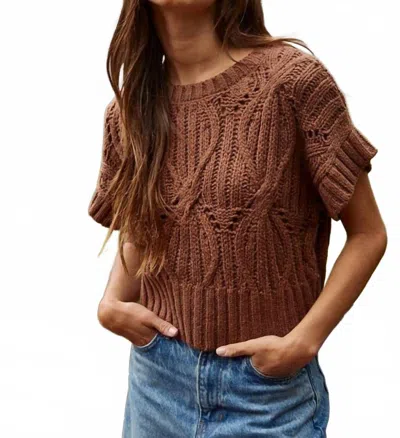 By Together Knit Sweater Crochet Round Neck Short Sleeve Top In Dark Brown