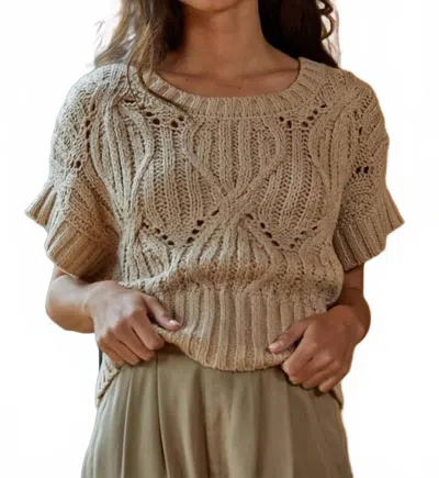 By Together Knit Sweater Crochet Round Neck Short Sleeve Top In Taupe In Gray