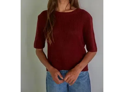 By Together Knit Sweater Round Neck Wrap Back Short Sleeve Top In Burgundy In White