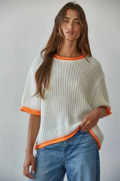 By Together Knit Sweater Short Sleeve Pullover Top In Ivory Orange In Multi