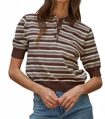 By Together Knit Sweater Striped Half Button Up In Brown & White In Multi