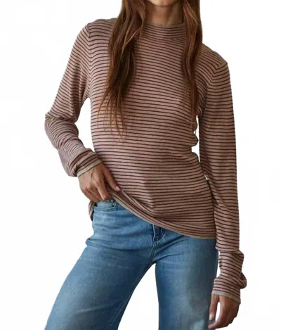 By Together Knit Sweater Striped Mock Neck Top In Taupe Red In Brown