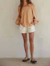 By Together L7004 Off The Shoulder Long Sleeve Top In Peach In Brown
