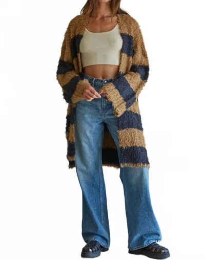 By Together Long Strip Cardi Sweater In Camel/ Navy In Brown