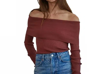 By Together Ribbed Foldover Off Shoulder Sweater In Brick In Brown