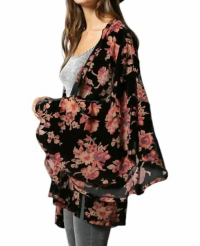 By Together Ruffled Detailed Floral Velvet Burnout Kimono In Black