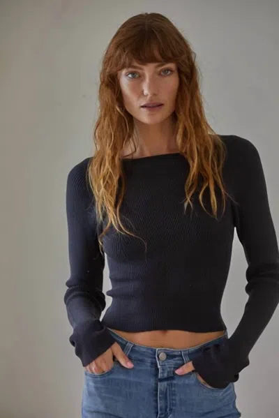 By Together Rylie Ribbed Round Neck Top In Charcoal In Blue