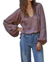 By Together Satin Long Sleeve Neck Ribbon Detail Top In Chocolate Rose In Multi