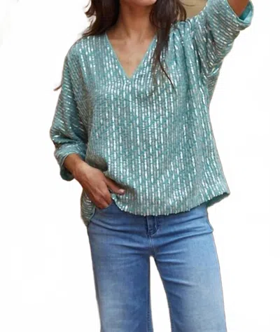 By Together Sequin V-neck Top In Dusty Mint In Blue