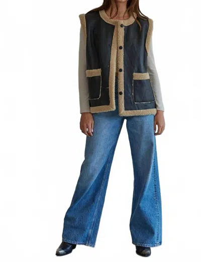 By Together Shiloh Woven Button Down Sleeveless Vest In Black In Brown