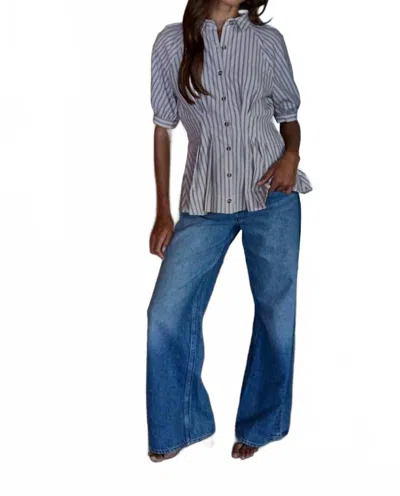 By Together Short Sleeve Collared Button Down Cinched Waist Top In Multi In Blue