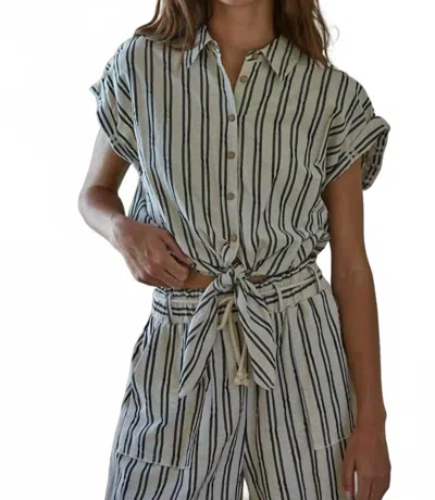 By Together Striped Button Down Top In Linen Black In Multi