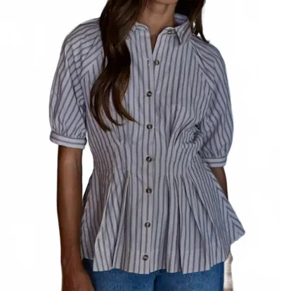 By Together Striped Cinched Waist Blouse In Taupe In Blue