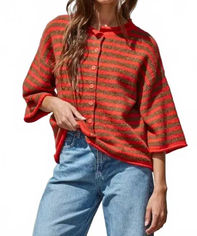 By Together Striped Knit Quarter Sleeve Cardigan Sweater In Red Camel