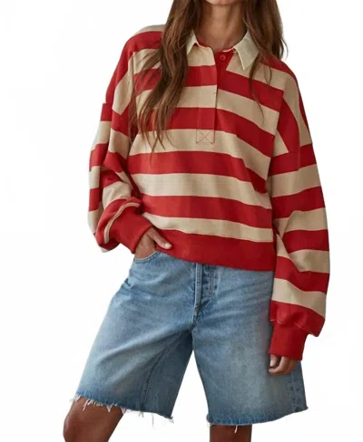 By Together Striped Rugby Half Button Up Tee In Multi In Red