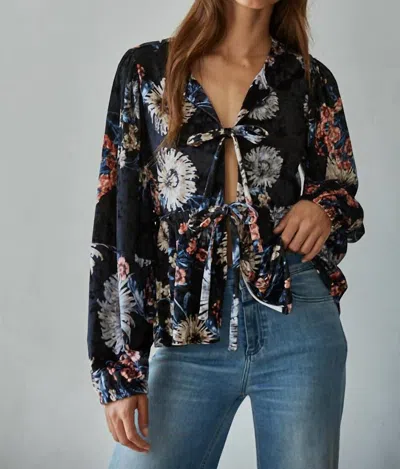 By Together Velvet Floral Print V Neck Open Front Top In Black In Multi
