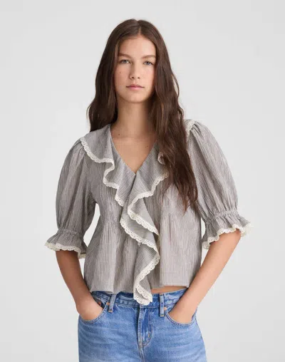 By Together Woven Cotten Linen Striped Blouse In Black /ivory Micro Stripe In Transparent