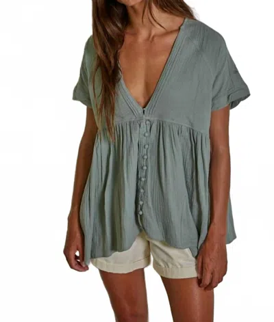 By Together Woven Cotton Gauze Plunged V-neck Button Top In Dark Sage In Green