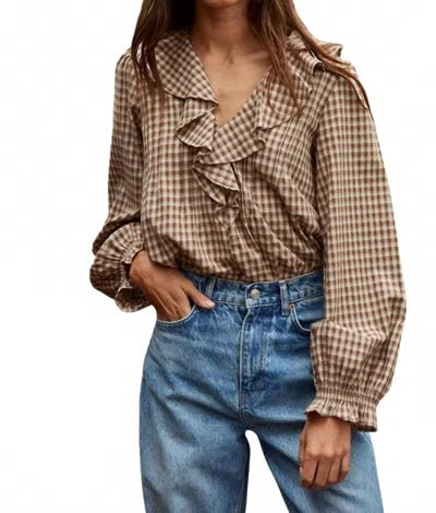 By Together Woven Cotton Gingham Ruffled Blouse In Beige In Brown