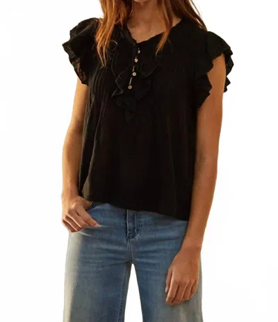 By Together Woven Cotton Linen Button V-neck Short Sleeve Top In Black