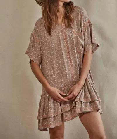 By Together Woven Rayon Gauze Wide Neck Short Sleeve Dress In Mocha Mousse