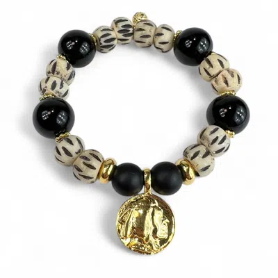By Virgo Women's Black / Gold / White Dione Onyx & African Bead Bracelet