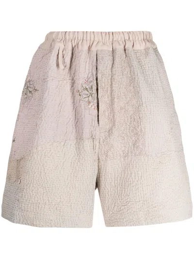 By Walid Embroidered Linen-cotton Shorts In Nude