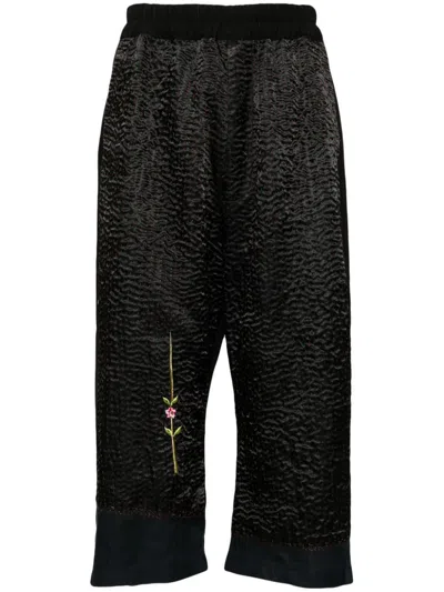 By Walid Floral-embroidered Cropped Trousers In Black